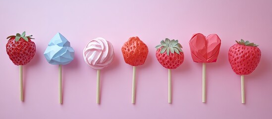 Colorful origami creations resembling strawberries, cotton candy, and hearts on wooden sticks arranged in a row against a soft pink background.