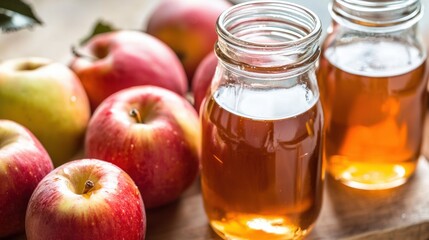 Fresh red apples and jar of golden honey on wooden table creating a rustic homely feeling of natural goodness