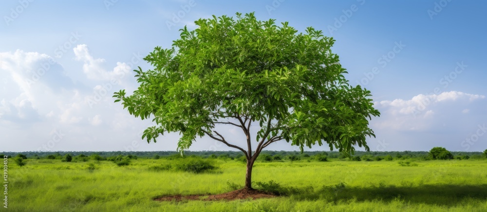 Aufkleber Lush green Kariyat tree Andrographis paniculata standing alone in an open field under a bright blue sky with fluffy clouds in the background