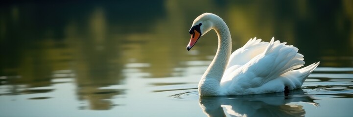 Obraz premium Close-up of elegant white swan, serene lake reflection, fine art, graceful