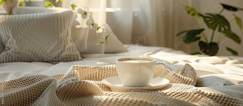 Poster cozy bedroom setting featuring a white coffee cup on soft bed linens with natural light streaming in