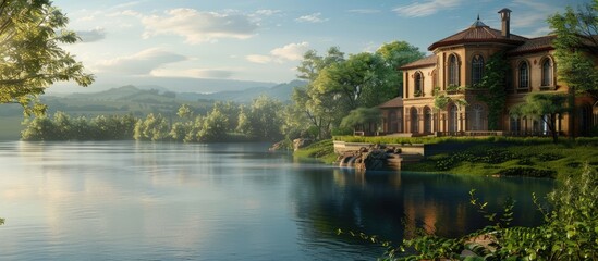 Obraz premium Serene manor house in golden tones beside tranquil lake surrounded by lush greenery under soft blue sky with beautiful reflections in water