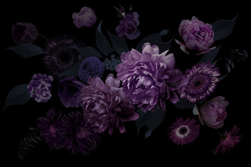 Luxurious peonies bouquet plum royale color. Vintage illustration. © marinavorona