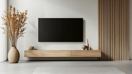 Modern minimalist TV wall mounted, beige tones