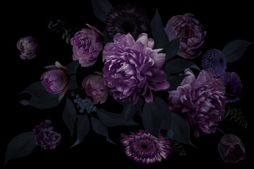 Bouquet of luxurious peonies. Plum royale color.