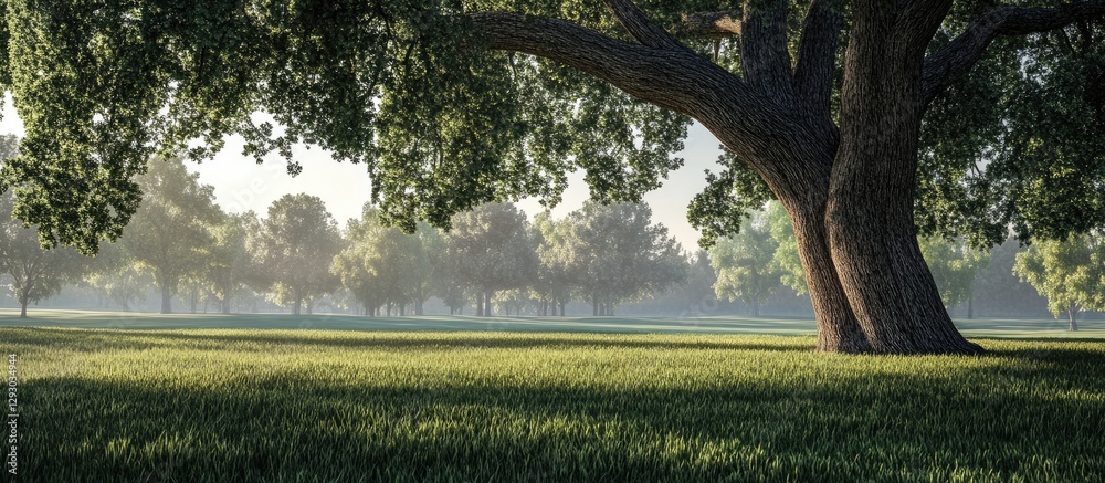 Poster lush green park with a large tree in the foreground, fresh grass field illuminated by soft morning l