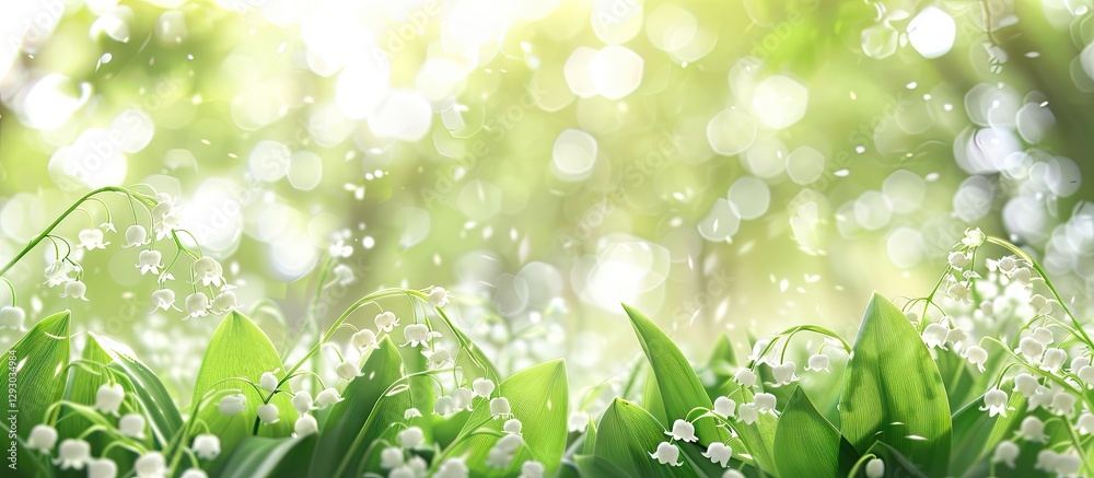 Aufkleber delicate white lilies of the valley bloom amidst vibrant green leaves under soft sunlight creating a