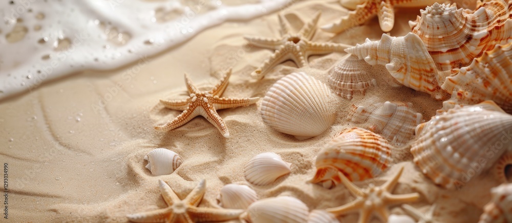 Poster seashells and starfish arranged on sandy shore with gentle wave at bottom creating soft natural back