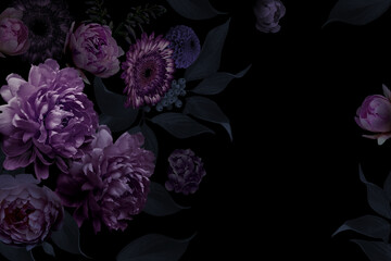 Floral vintage card. Text frame. Plum royalecolor.