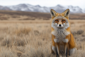 Fototapeta premium Serene Fox Amidst the Whispering Grasslands and Distant Peaks