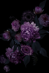 Blooming garden flowers on black background. Template for wedding invitations, greetings, business cards, packaging.