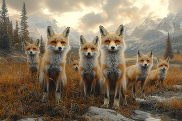Fototapeta premium A Gathering of Foxes in a Golden Mountain Meadow Landscape