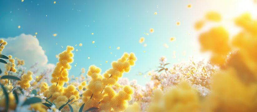 Vibrant yellow mimosa flowers in a lush garden setting under a clear blue sky with warm sunlight creating a cheerful spring atmosphere