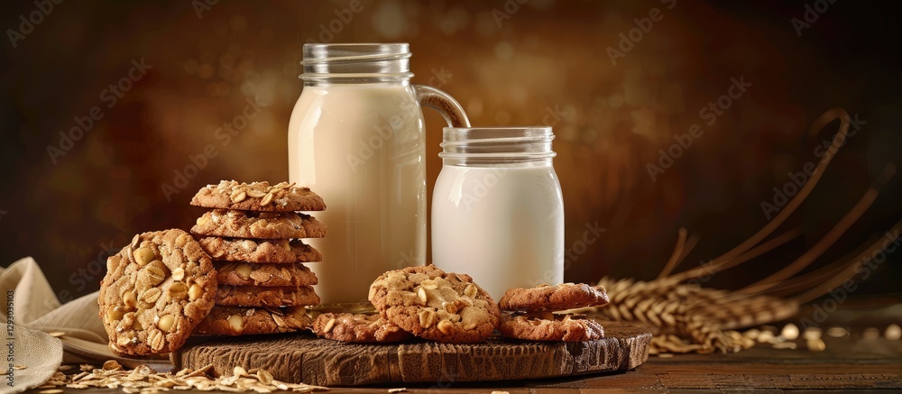 Poster Oatmeal cookies stacked beside two milk jars on a rustic wooden table with a warm brown background and space for text on the right