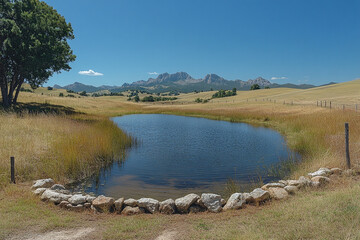 Fototapeta premium Idyllic Rural Pond Reflections of Distant Peaks Under Summer Sky