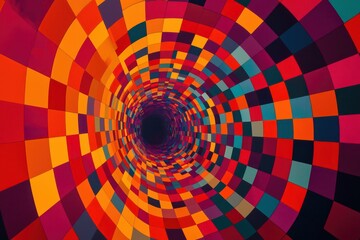 Colorful geometric squares create tunnel illusion, red to burnt orange shades.