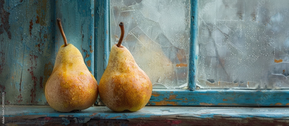 Poster rustic still life with two ripe yellow pears on aged blue window sill with misty surface background 