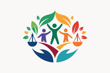 The logo features colorful figures and leaves symbolizing community, balance, and environmental awareness, Design a clean and minimalist logo for an NGO promoting social justice