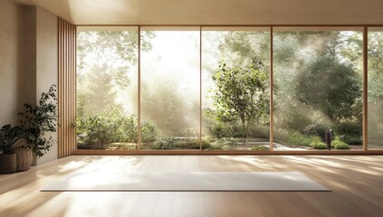 Tranquil yoga studio with garden view