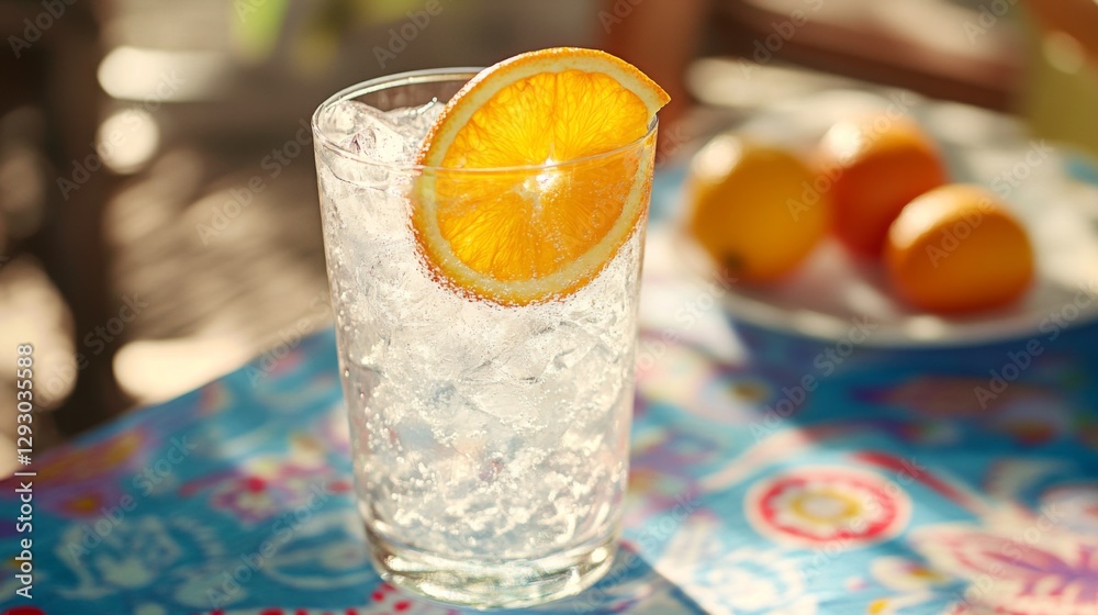 Poster a tall glass of bright soda with a slice of orange and ice, placed on a vibrant tablecloth, creating