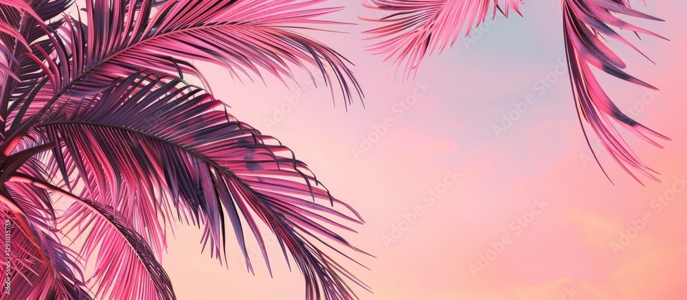 Leinwandbilder Evening sky gradient in soft pink hues with palm leaves framing the image from the bottom left creating serene copy space.