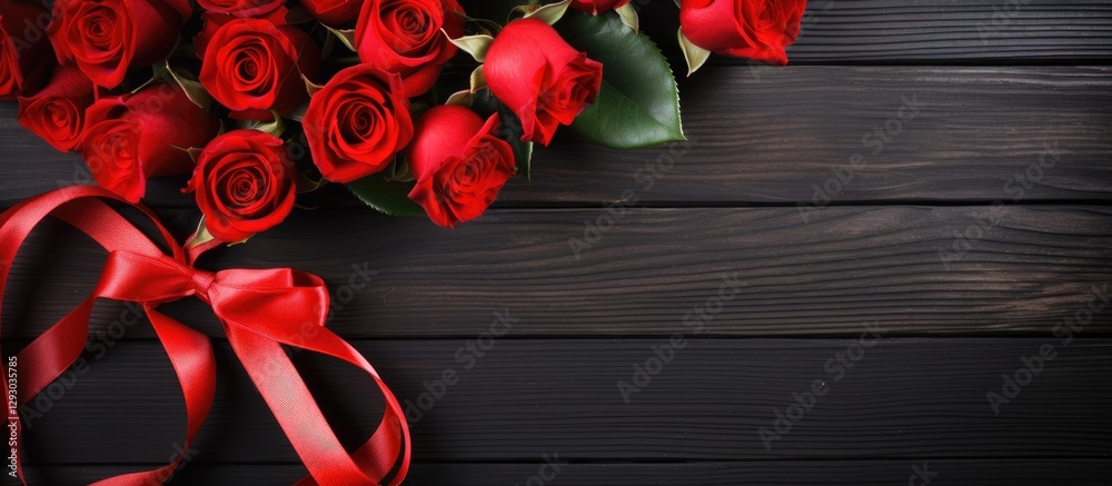 Poster bouquet of vibrant red roses arranged elegantly on a dark wooden background with a luxurious satin r