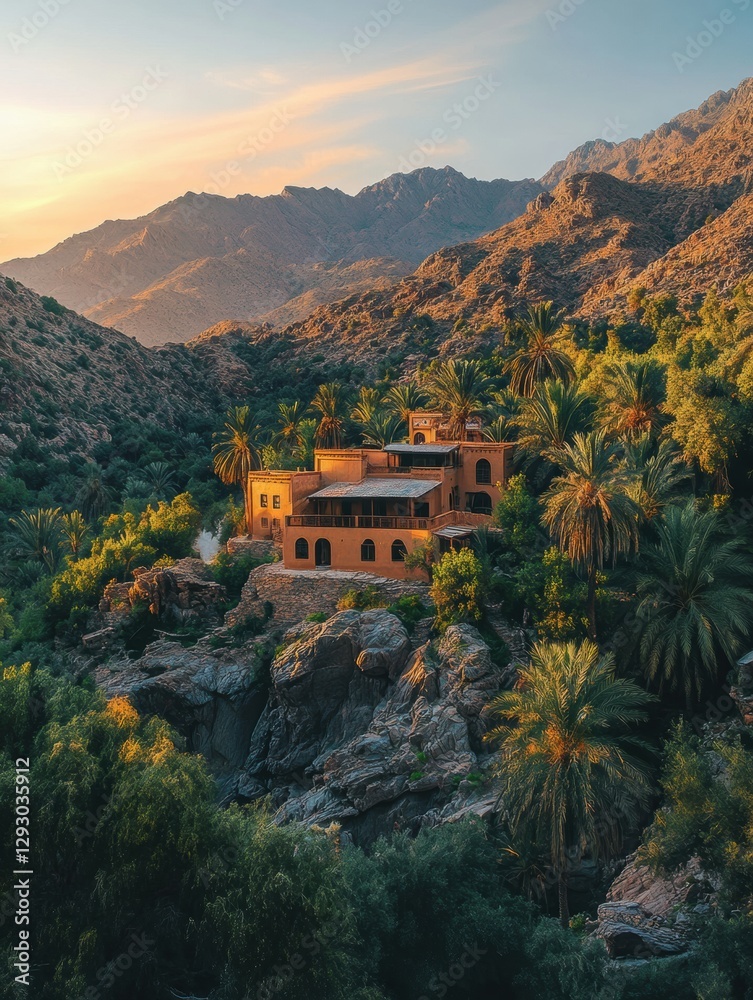 Aufkleber serene mountain retreat surrounded by lush greenery and palm trees at sunset. generative ai