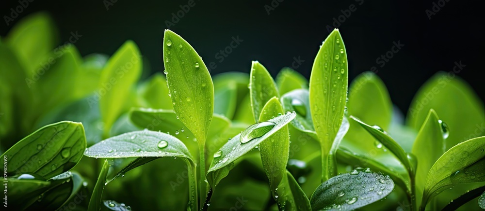 Poster close-up of vibrant green leaves with dewdrops on a dark background, showcasing texture and detail f