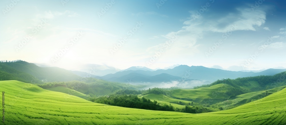 Poster lush green landscape with rolling hills in the foreground under a bright blue sky and soft clouds id