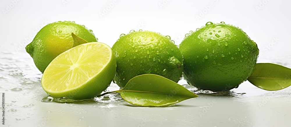 Poster fresh green limes with water droplets and leaves arranged on a bright surface, highlighting the vibr