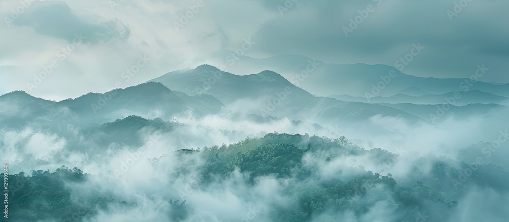 Poster Misty mountains landscape with layered hills in soft blue shades, shrouded in fog under a cloudy sky creating a serene natural atmosphere.