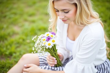 Fototapeta premium woman sitting in a field holding a bunch of flowers