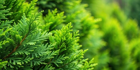 Fototapeta premium Dense green foliage with intricate branch patterns and small needle-like leaves of a dense thujan hedge, set against a soft natural background, branch structure, garden