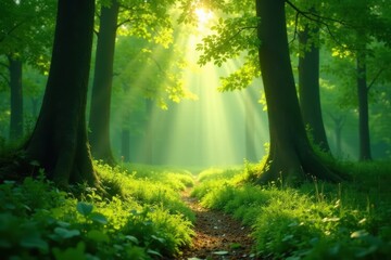 Emerald canopy awash in early morning light, dew-kissed leaves gleam , morning, photography