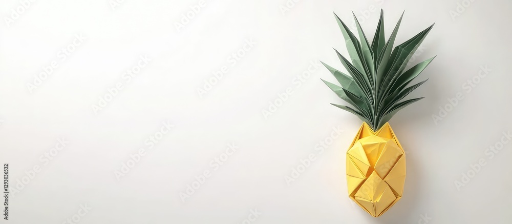 Poster yellow origami pineapple with green leaves positioned on a light neutral background creating a minim