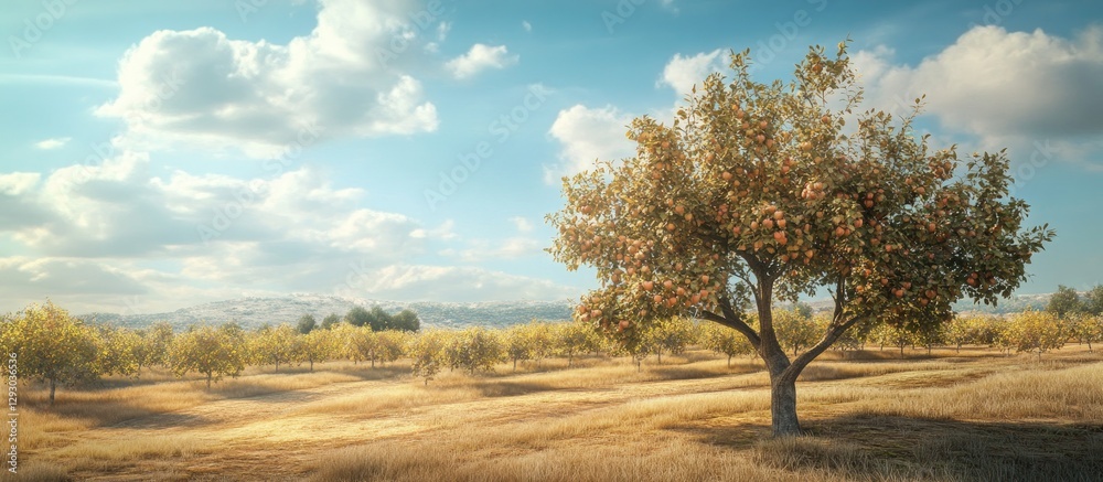 Poster Sunlit apple orchard landscape featuring a single tree on the right surrounded by golden grass under a bright blue sky with soft clouds.