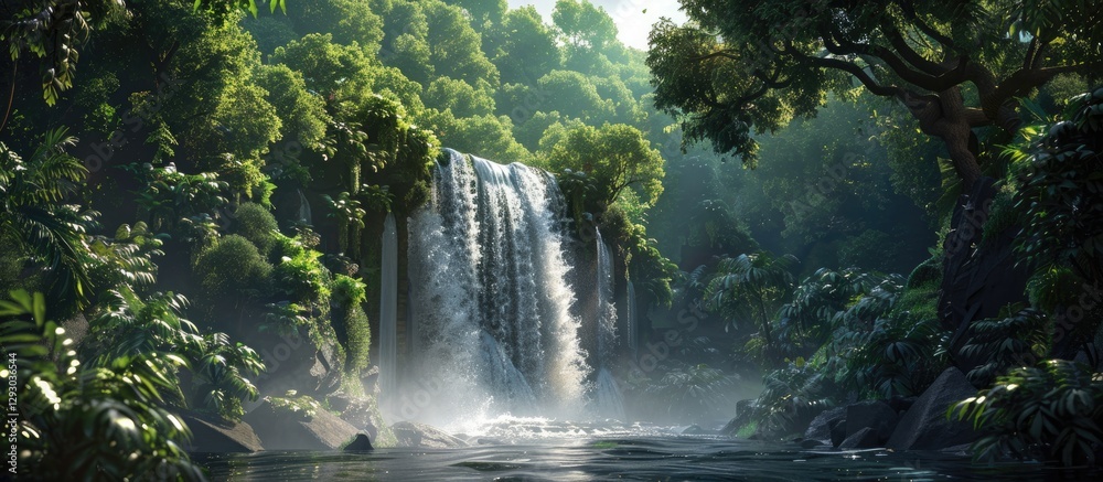 Poster serene waterfall cascading down rocky cliffs, framed by vibrant green foliage and mist, offering exp