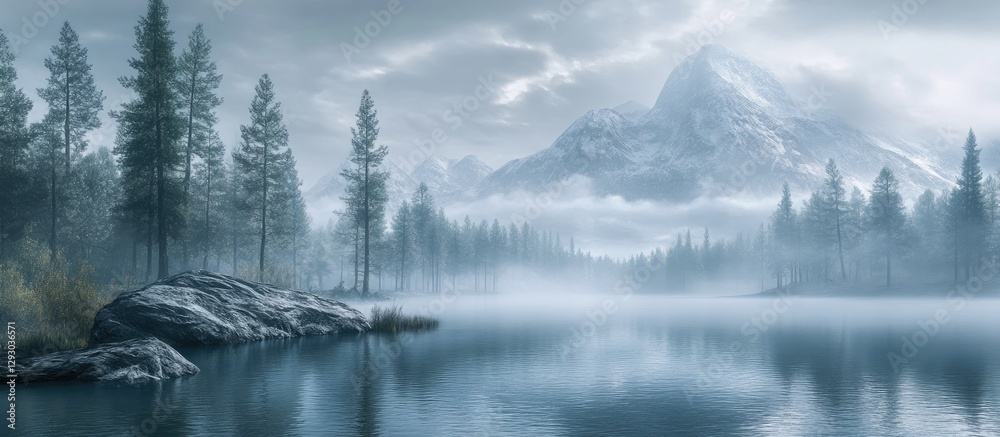 Poster serene misty mountain lake at dawn with soft blue tones, towering mountains reflected in calm waters