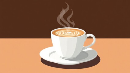 Gourmet Coffee Cup with Steaming Aroma and Artistic Latte Art in a Clean Flat Illustration