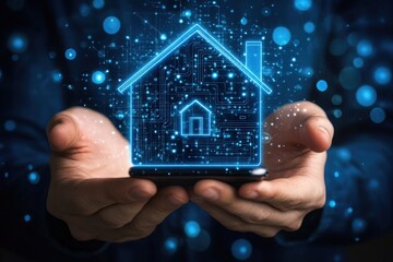 Businessman hold house icon.Smart home controlled, intelligent house, and home automation app concept. Pcb design and person with smart phone. Innovation technology internet network concept