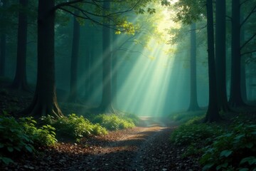 Obraz premium Empty blacktop ribbon unwinds into misty, shadowy forest depths , way, ominous, silence