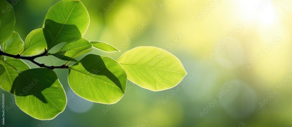 Fototapete Fresh green tree leaves illuminated by morning light with a soft blurred background creating ample copy space on the right side of the image