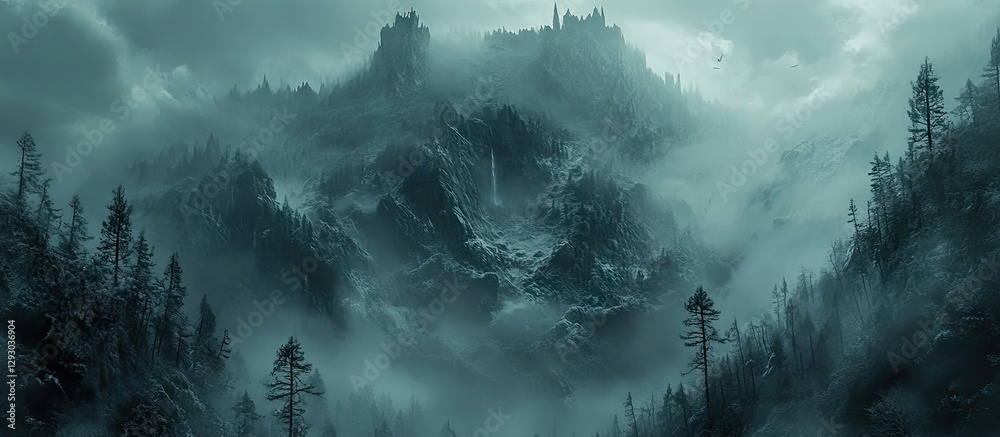 Poster misty forest landscape with dark green fir trees in the foreground shadowed by foggy mountains in a 