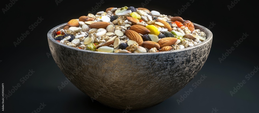 Aufkleber nutritious breakfast bowl filled with a variety of nuts and seeds in a textured dark gray bowl set a