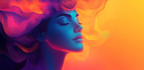 A serene stylized portrait of a woman with vibrant flowing hair, ideal for Women's Day promotions, creative design, or wellness campaigns.