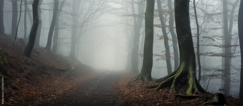 Poster misty forest path winding through tall trees with fog covering the ground and fallen leaves in muted