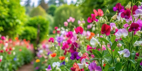 Fototapeta premium Lush green foliage and vibrant sweet pea blossoms fill a picturesque garden