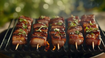 A visually appealing display of pork belly skewers on a grill, with smoky char marks and fresh herbs, set against a blurred outdoor background.