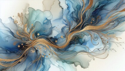 Artistic blue swirls and flowing liquid texture create an abstract watercolor pattern