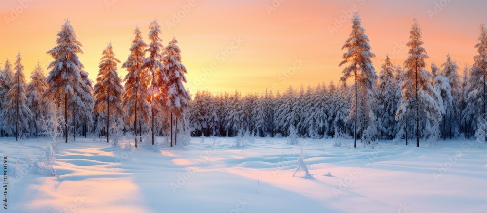 Poster panoramic view of a snow-covered forest at sunset with vibrant orange and pink hues in the sky and f